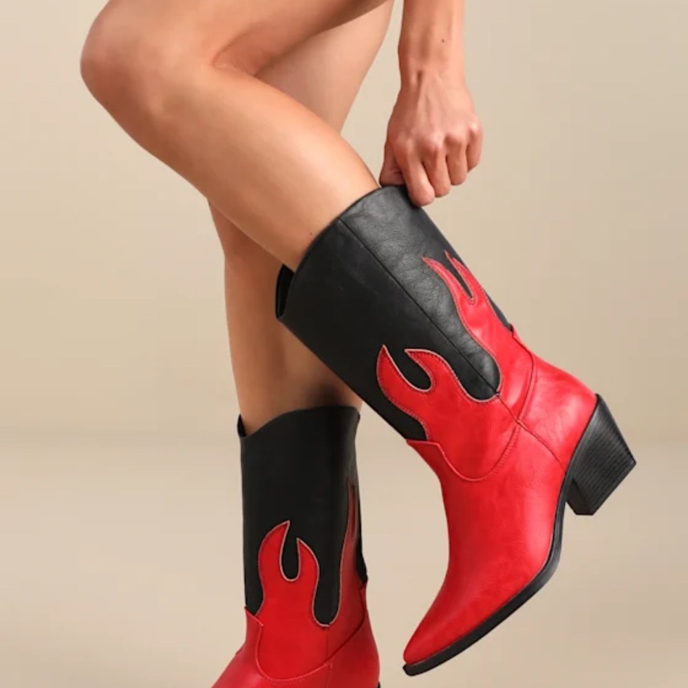 Lulu's Fiery Red and Black Heeled Boots